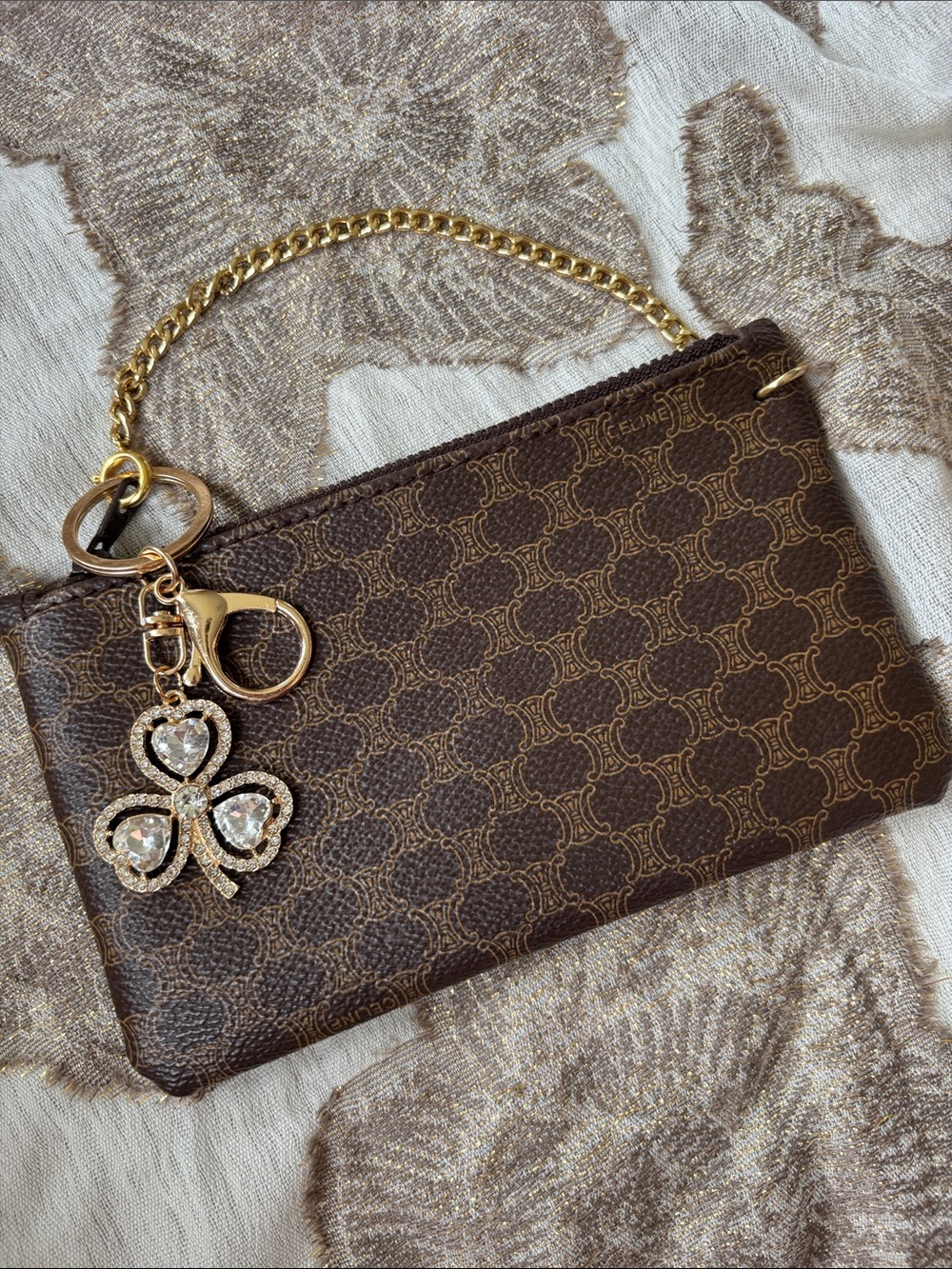 Celine Brown Logo-Print Leather Wristlet w/ Gold Tone Chain & Clover Charm - Picture 3 of 15